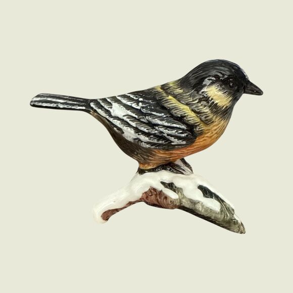 Winter Chickadee Bird Figurine on Snowy Pinecone Branch – Hand Painted 4” - Picture 1 of 7